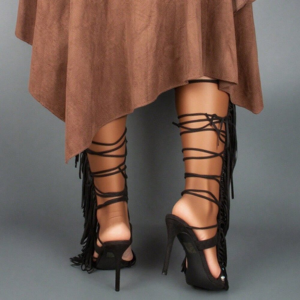 Black Bohemian Women'sGemstone Straps Fringe Detail Knee High Stiletto Boots f - Picture 2 of 10